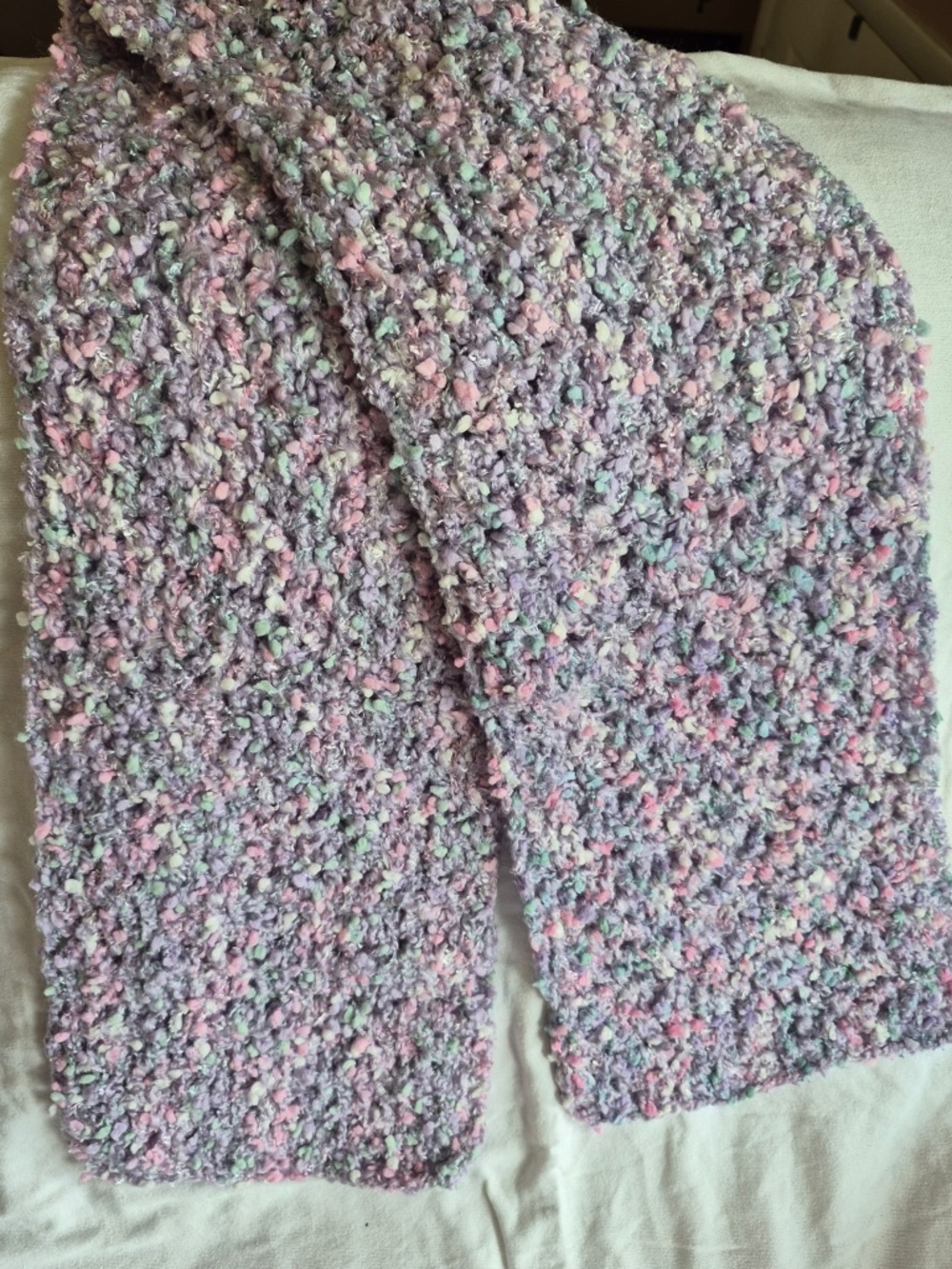 Handmade Multicolored Scarf in Purple, Pink, White, and Green